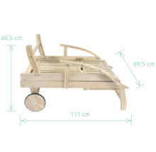 Abmessungen einer Holz Gartenliege mit Rädern: 68,5 cm hoch, 111 cm lang und 69,5 cm breit.