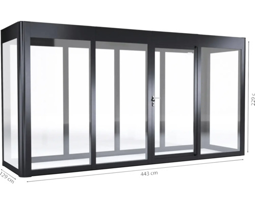 Vordach mit Glasschiebetür, 443 mal 129 mal 229 cm