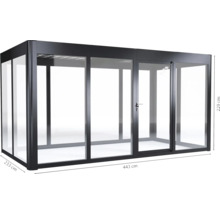 Glashaus mit einer Höhe von 229 cm, einer Breite von 443 cm und einer Tiefe von 233 cm