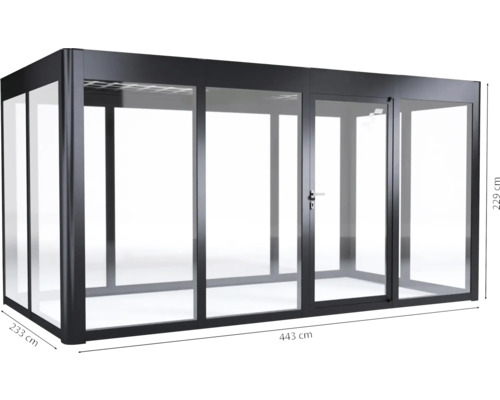 Glashaus mit einer Höhe von 229 cm, einer Breite von 443 cm und einer Tiefe von 233 cm