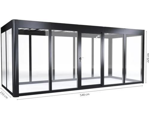 Glashaus mit Aluminiumrahmen und den Maßen 548 mal 233 mal 229 Zentimeter