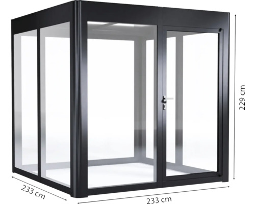 Quadratischer Pavillon aus Metall und Glas mit einer Höhe von 229 cm und einer Seitenlänge von 233 cm.