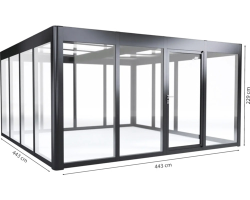 Terrassenüberdachung aus Aluminium und Glas mit den Maßen 443 mal 443 mal 229 Zentimeter