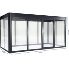 Gartenpavillon mit Tür und transparenten Wänden, 443 mal 233 mal 229 Zentimeter