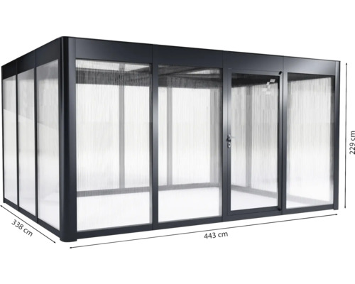 Abgebildet ist ein Gartenhaus mit den Maßen 338 mal 443 mal 229 Zentimeter.