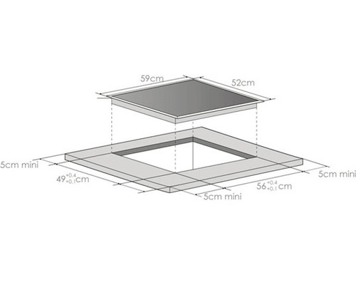 Diagramm einer Kochfeld-Montage mit Maßangaben