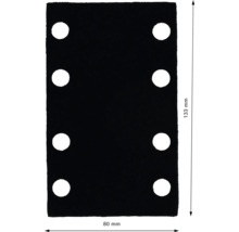 Schleifpapierblatt mit acht Löchern und den Maßen 80 mm mal 133 mm.