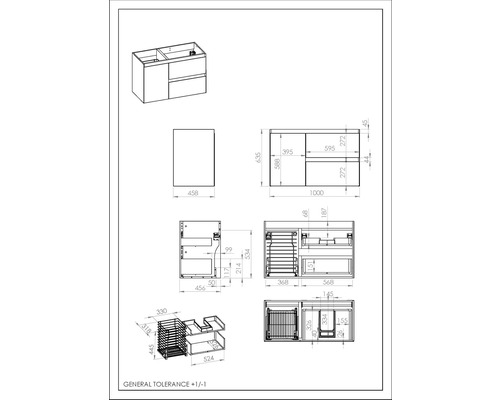 Technische Zeichnung eines Badezimmermöbel-Sets mit Maßen