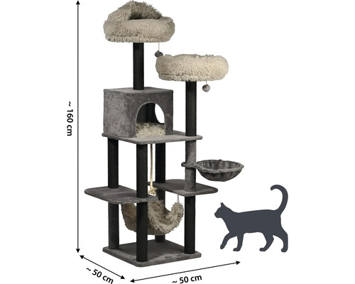 Grauer Kratzbaum mit Liegeflächen, Hängematte und Spielzeug, circa 160 Zentimeter hoch