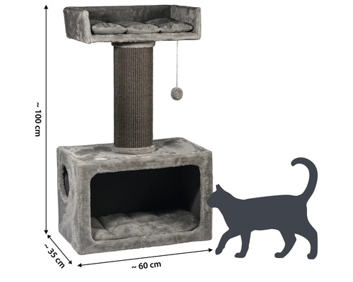 Katzenkratzbaum mit Liegeflächen, Kratzsäule und Spielzeugball, circa 100 Zentimeter hoch