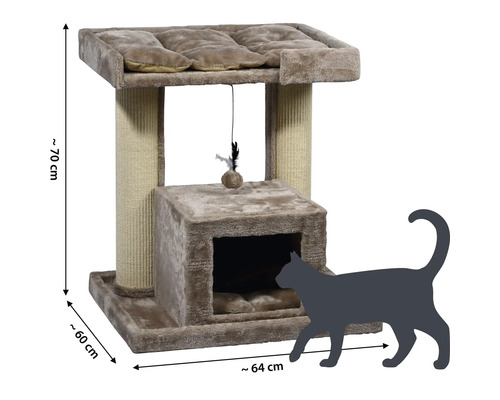 Katzenkratzbaum mit Spielzeug, Liegeflächen und Höhle, circa 70 x 64 x 60 Zentimeter