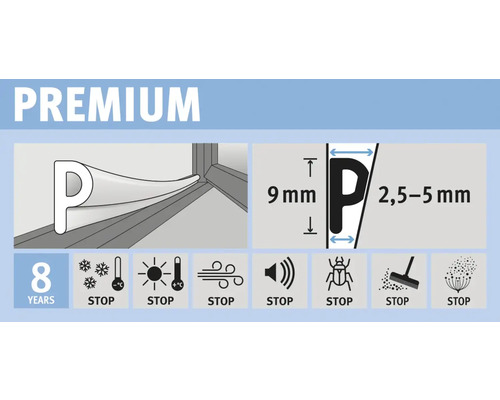 Abbildung eines P-Profils mit den Maßen 9 mm Höhe und 2,5 bis 5 mm Breite sowie Symbole für acht Jahre Garantie, Kälte-, Wärme-, Wind-, Schall-, Insekten-, Staub- und Pollenschutz