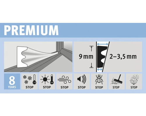 Illustration einer Premium Dichtung mit den Maßen 9 mm und 2 bis 3,5 mm. Die Dichtung stoppt Kälte, Hitze, Wind, Lärm, Insekten und Staub. Acht Jahre Garantie.