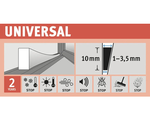 Universelle Dichtung mit Hinweisen zu Produktdetails und Eigenschaften