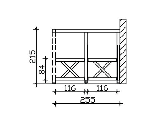 Technische Zeichnung eines Holzregals mit Maßangaben.