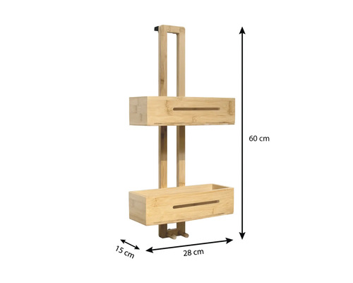 Badregal aus Bambus mit zwei Ablageflächen und Haken, Maße 60 x 28 x 15 cm