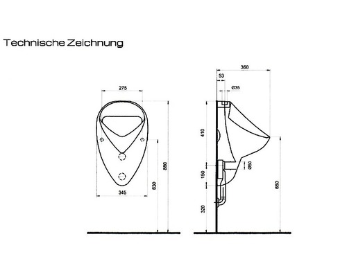 Technische Zeichnung eines Urinals mit Maßangaben