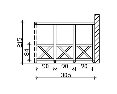 Technische Zeichnung eines Holzzaunmoduls mit Maßangaben