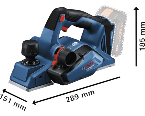 Bosch GHO 18V-26 Akku Hobel mit den Maßen 151 mm Breite, 289 mm Länge und 185 mm Höhe.