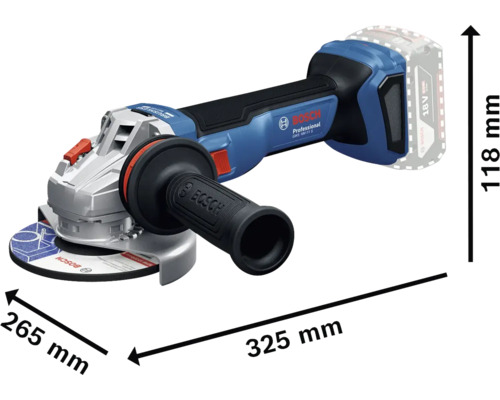 Bosch Akku Winkelschleifer mit den Maßen 265 mm, 325 mm und 118 mm