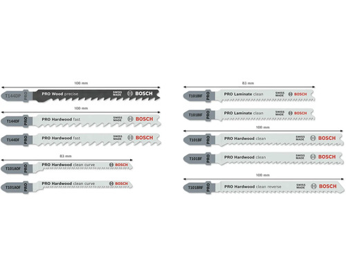 Mehrere Bosch Stichsägeblätter für Holz und Laminat in verschiedenen Größen