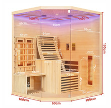 Eck-Infrarotsauna mit Holzverkleidung, Glasfront und Innenmaßen