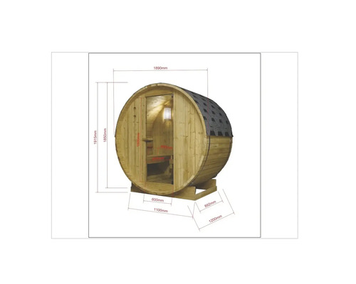 Abmessungen einer Fasssauna aus Holz mit Dachschindeln.
