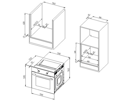 Technische Zeichnung mit Maßen für einen Einbauherd und dazugehörige Küchenschränke