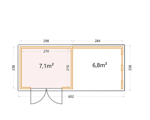 Grundriss eines Gartenhauses mit Größenangaben in Meter.