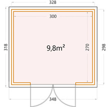 Grundrisszeichnung eines Gartenhauses mit den Maßen 328 x 298 cm und einer Fläche von 9,8 Quadratmetern