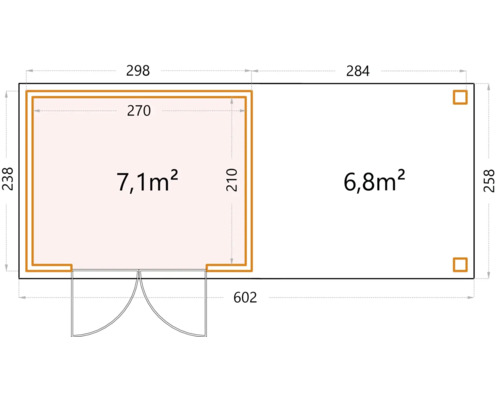 Grundriss eines Gartenhauses mit Größenangaben in Quadratmetern und Zentimetern