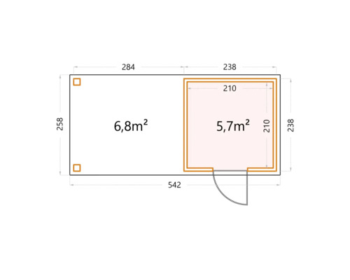 Grundriss eines Gartenhauses mit Flächenangaben in Quadratmetern und Bemaßungen in Zentimetern