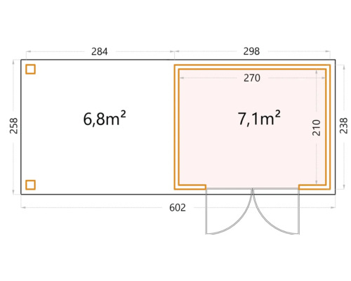 Grundriss eines Gartenhauses mit Maßangaben zu Fläche und Abmessungen