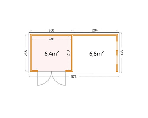 Grundrisszeichnung eines Gartenhauses mit den Maßen 572 mal 258 Zentimeter und zwei Räumen