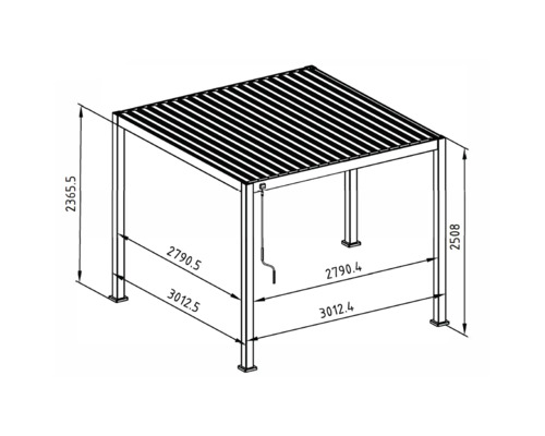 Technische Zeichnung einer Pavillonstruktur mit Maßangaben