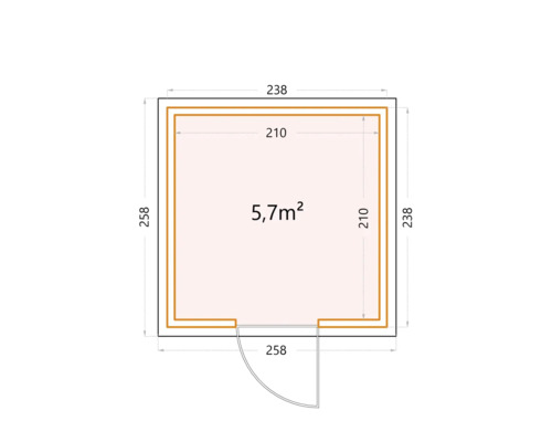 Grundriss eines Gartenhauses mit den Maßen 238 mal 238 und 258 mal 258 Zentimeter