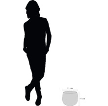 Skizze eines Pflanzgefäßes mit den Maßen 13 mal 11 Zentimeter neben der Silhouette einer Person