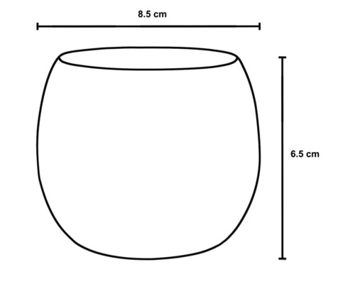 Skizze eines Gefäßes mit den Maßen 8,5 cm Breite und 6,5 cm Höhe