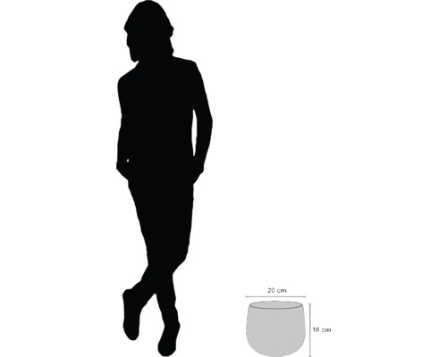 Abbildung eines Beistelltisches mit den Maßen 20 Zentimeter mal 16 Zentimeter neben einer Person zur Größenorientierung.