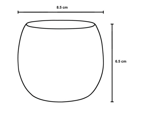 Illustration einer Glasvase mit den Maßen 8,5 Zentimeter Breite und 6,5 Zentimeter Höhe.