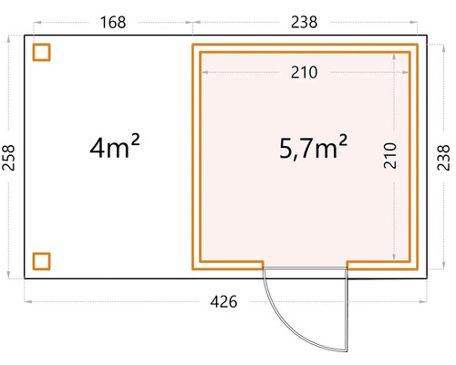 Grundrisszeichnung eines Gartenhauses mit Größenangaben