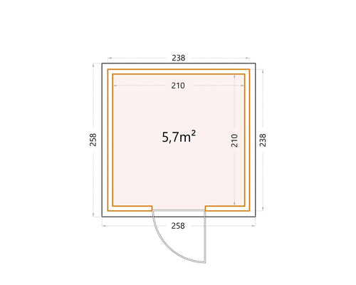 Grundrisszeichnung eines Gartenhauses mit den Maßen 238 mal 258 Zentimeter und einer Fläche von 5,7 Quadratmetern.