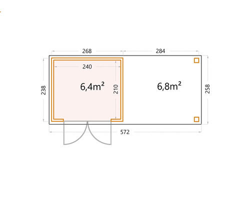 Grundrisszeichnung eines Gartenhauses mit den Maßen 572 x 258 Zentimeter und 6,4 Quadratmeter sowie 6,8 Quadratmeter großen Räumen