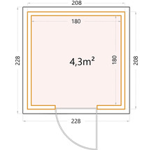 Grundrisszeichnung eines Gartenhauses mit den Maßen 208 x 228 Zentimeter und einer Fläche von 4,3 Quadratmetern.