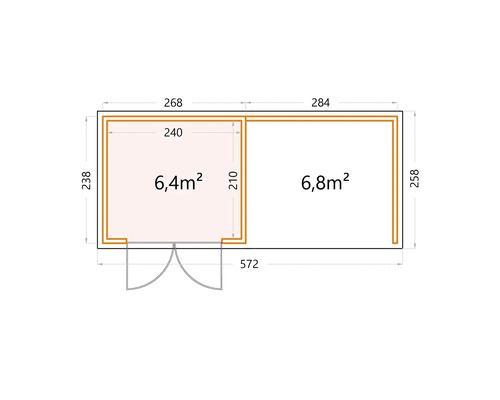Grundriss eines Gartenhauses mit zwei Räumen und Flächenangaben