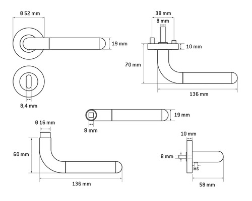 Technische Zeichnung einer Türklinke mit Maßangaben