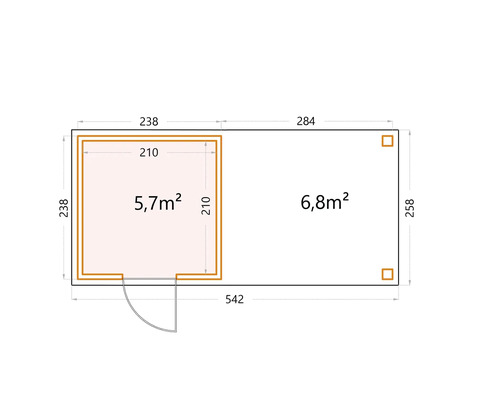 Grundriss eines Gartenhauses mit den Maßen 542 mal 258 Zentimeter.