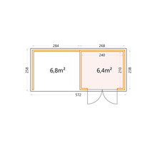 Grundrisszeichnung eines Gartenhauses mit Flächenangaben in Quadratmetern und Abmessungen in Zentimetern