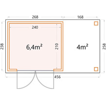 Grundriss eines Gartenhauses mit den Flächenangaben 6,4 Quadratmeter und 4 Quadratmeter