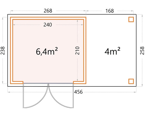 Grundriss eines Gartenhauses mit den Flächenangaben 6,4 Quadratmeter und 4 Quadratmeter